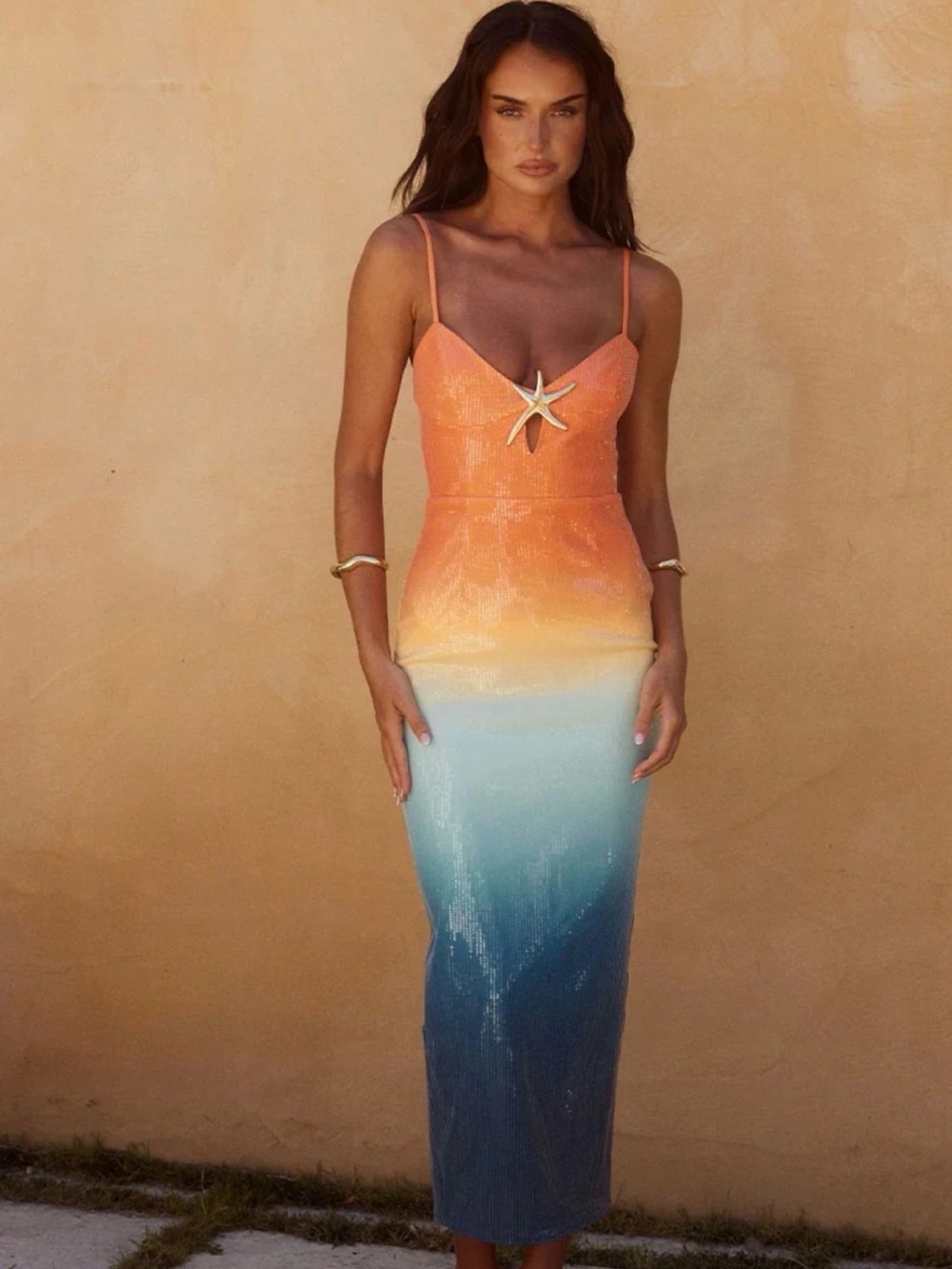 Sunset Ombre Sequin Slip Dress - Orange To Blue (Benito Midi Dress - Ombre)
